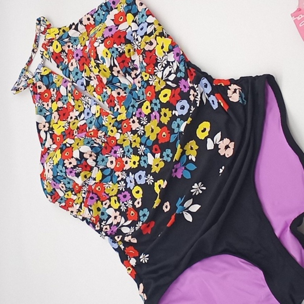 Anne Cole Flower Field High Neck Ruffle Straps One-Piece Swimsuit Multicolor 16